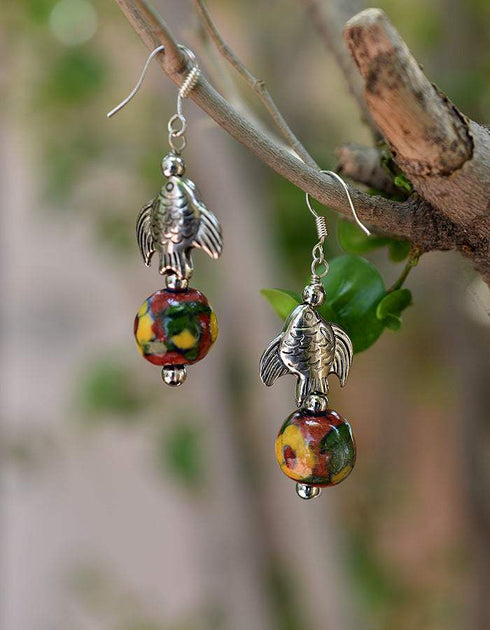 Metal Fish & Blue Pottery Bead Earrings